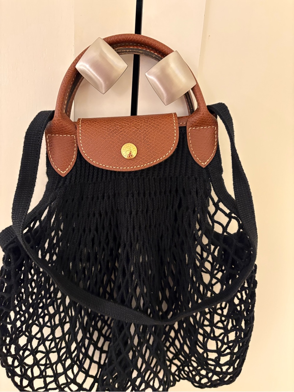 Longchamp Black Net Tote with Brown Leather Trim